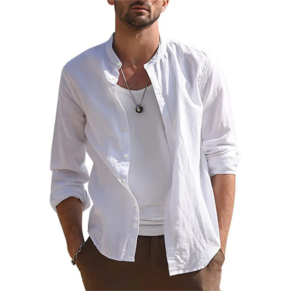 Men\'s Cotton and Linen Long Sleeved Cozy Shirt Casual Solid Color Blouse Loose Tops Lightweight Tees Slim Fit Mens Shirts