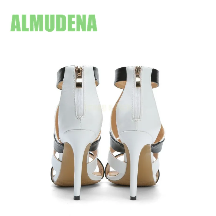 Black and White Color Blocked Sandals Women's Fashionable New Fish Mouth Buckle Back Zipper Design Slim High-Heeled Sandals
