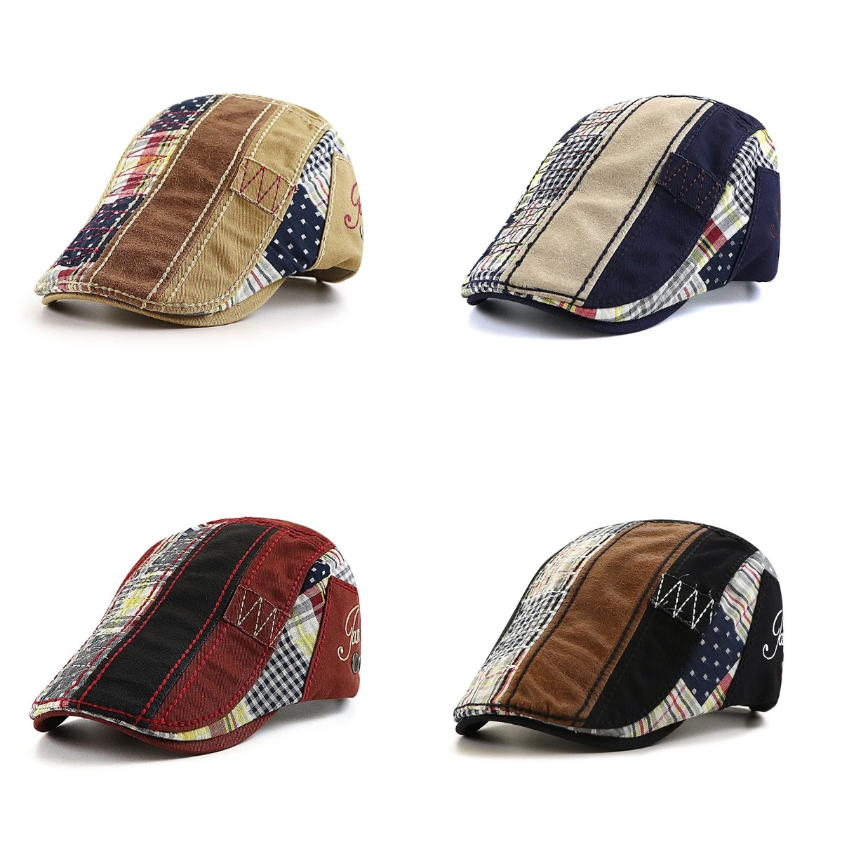 

Patchwork Plaid Retro Berets Hat for Women Men Outdoor Flat Cabbie Ivy Cap Peaked Hat Twill Herringbone Gatsby Newsboy Cap Hat