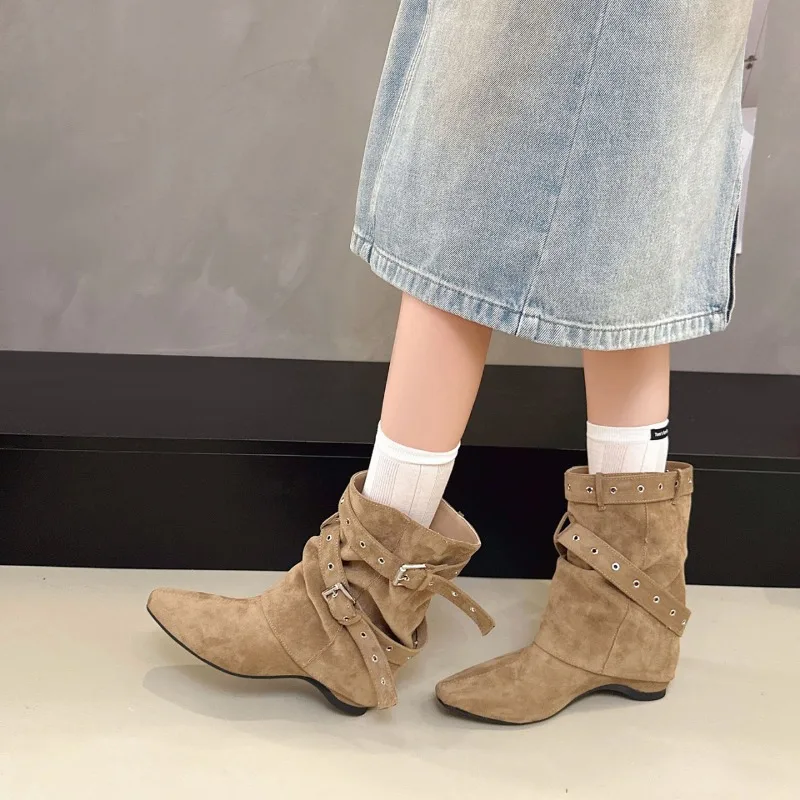 Women Faux Suede Short Boots Metal Buckle Belt Decor Square Toe Internal Elevation Shoes Vintage Western Cowboy Botas Mujer