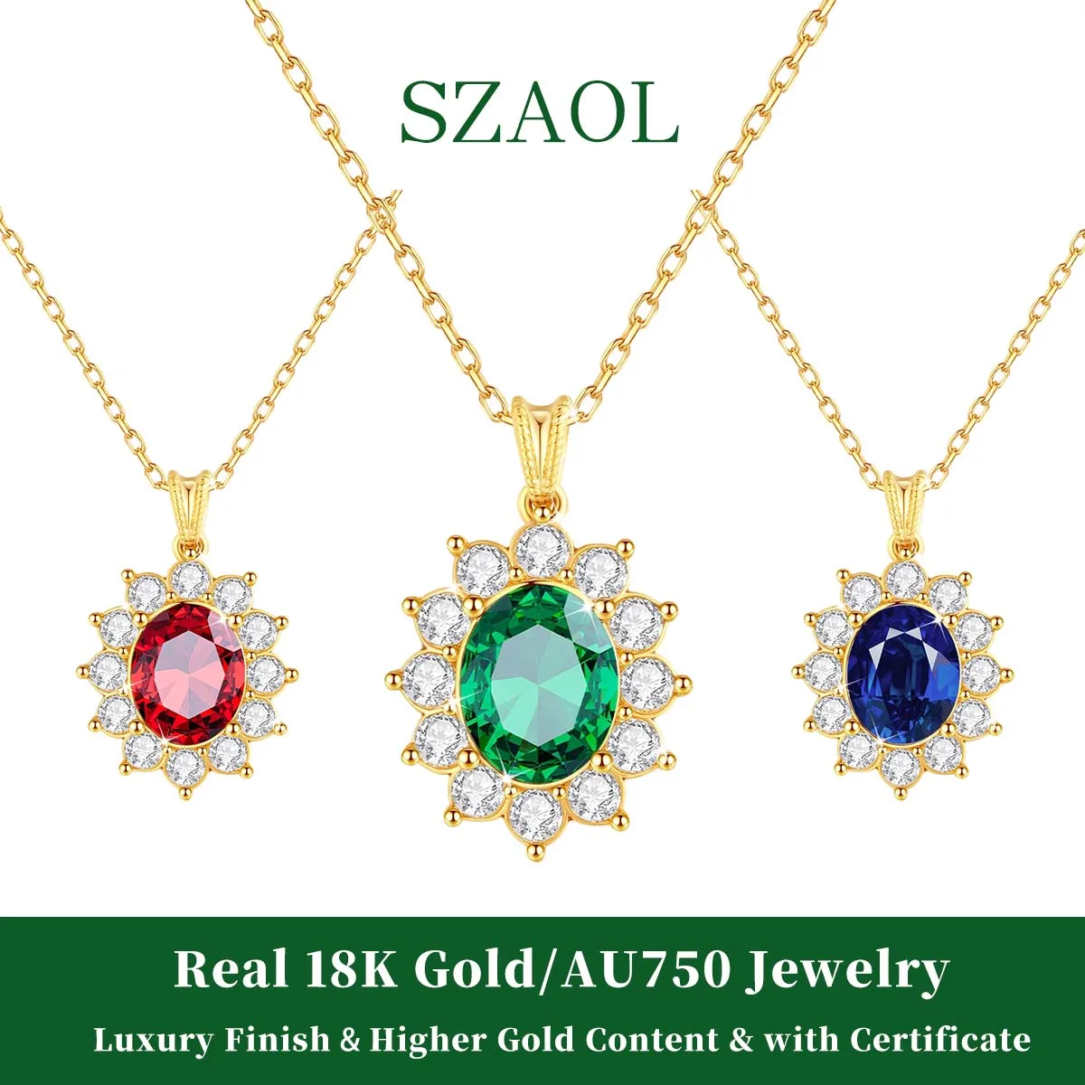 

Кулон из 100% 18-каратного золота с синим сапфиром, ожерелье с рубином/изумрудом AU750, цепочка с сертификатом, для женщин, для мероприятий на красной дорожке