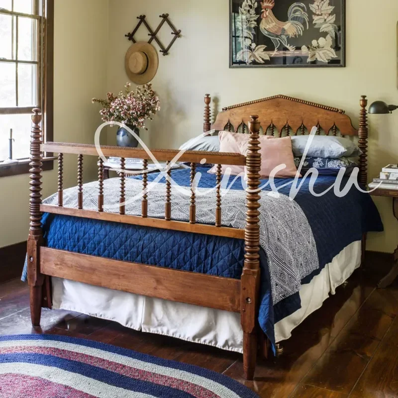Medieval Style Full Solid Wood Bed 1.8m Walnut Double Bed 1.5m Roman Column Master Bedroom Queen Size