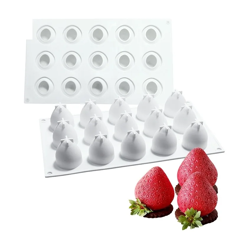 Molde de pastel de Mousse con diseño de fresa 3D de 15 cavidades, molde de silicona para postre francés, herramientas para hornear gelatina de Chocolate, herramienta de decoración de pasteles
