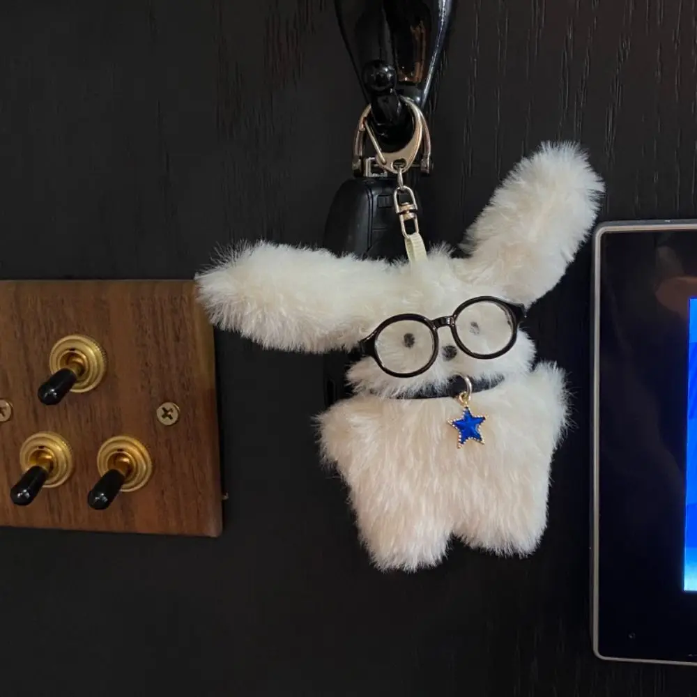 Maltese Wear Glasses Plush Pilot Rabbit Doll Key Chain Key Ring Cartoon Design Long Ear Dog Key Ring Bag Charms Pendant