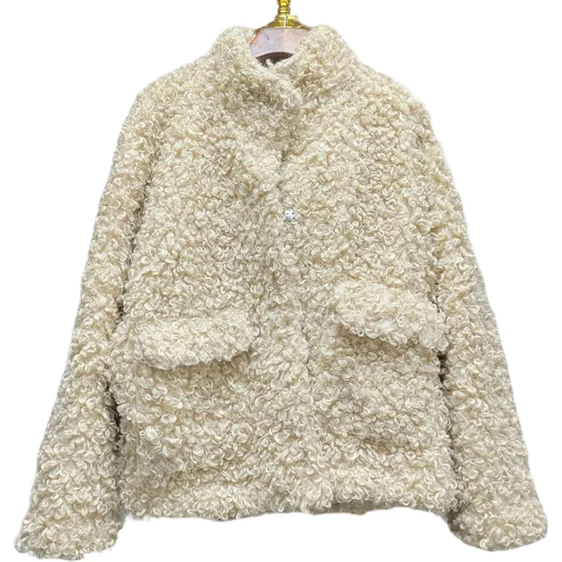 Korean Sle ort Thiened Lamb Fur Jaet Stand Collar Inteated Leather And Fur Women's Plu Coat Autumn Winter Outerwear