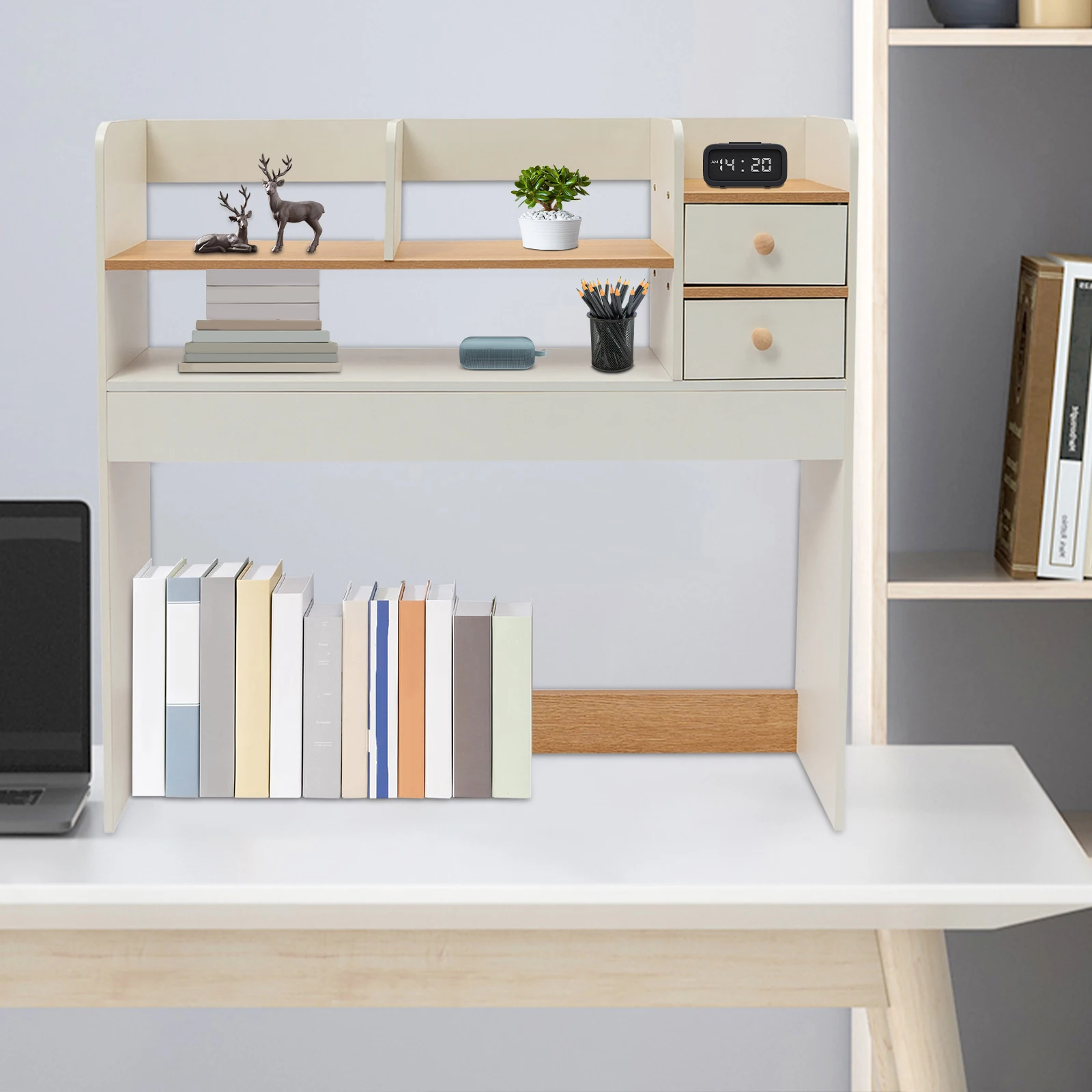 

2-Tier Bookshelf & Desktop Organizer with 2 Drawers, 5 Cubby Storage Shelves for Home Office, Study Room - Space-Saving Storage