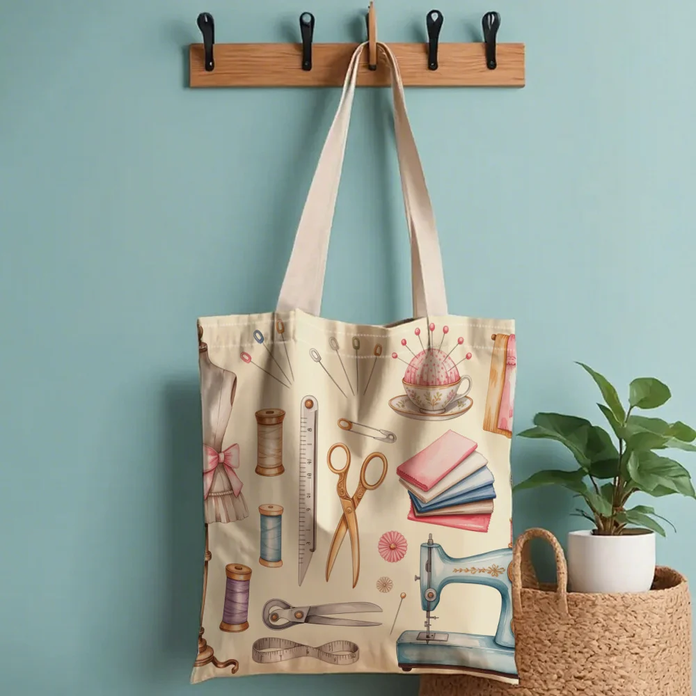 A Women's sewing machine pattern printed canvas tote bag, suitable for daily use, shopping, school, and travel