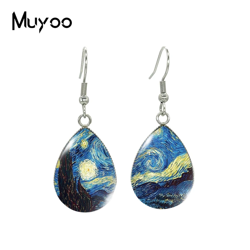 2023 New Screaming Man Tear drop Earring Starry Night Painting Fish hook Earrings Glass Cabochon Jewelry Handmade Items