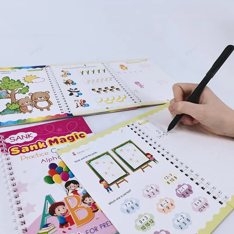 Cuaderno de práctica mágica para niños, cuaderno de escritura en inglés, abecedario, caligrafía de palabras, reutilizable