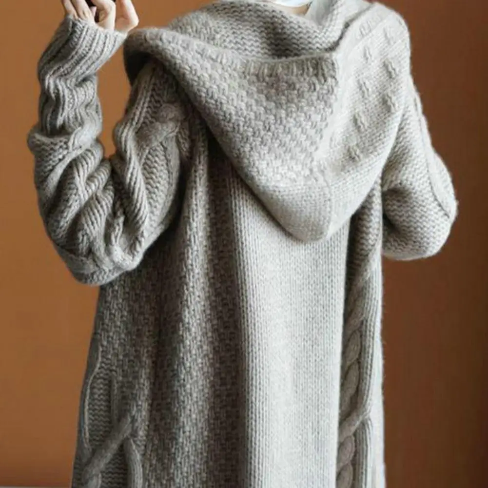 Loose Women Winter Cardigan Sweater Coat Thick Hooded Mid-calf Length Cardiagn Oversized Open Stitch Midi long Sweater