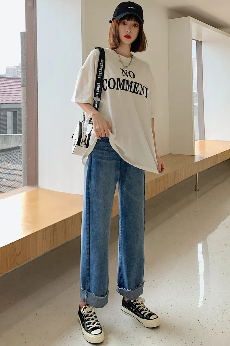 Korean Style Autumn Pregnant Women's Fashion Outwear Jeans Loose Straight Harun Denim Pants Casual Fashion Korean Denim Trousers