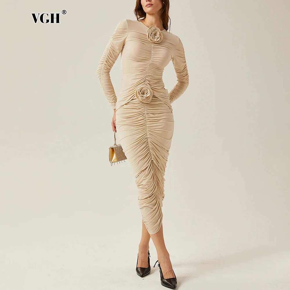 VGH Sexy Spliced Appliques Two Piece Set For Women Round Neck Long Sleeve Tops High Waist Bodycon Skirts Sets Female Clothes New