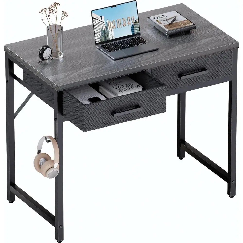 

32 Inch Small Computer Desk with 2 Drawers for Bedroom Study Writing Home Office Table for Small Spaces Grey
