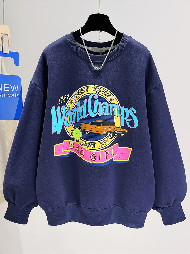 

Spring Autumn Thin round Neck Printed Sweatshirt Women's Brand Clothing Tagless Commute Style Korean Fashion Casual Loose Fit