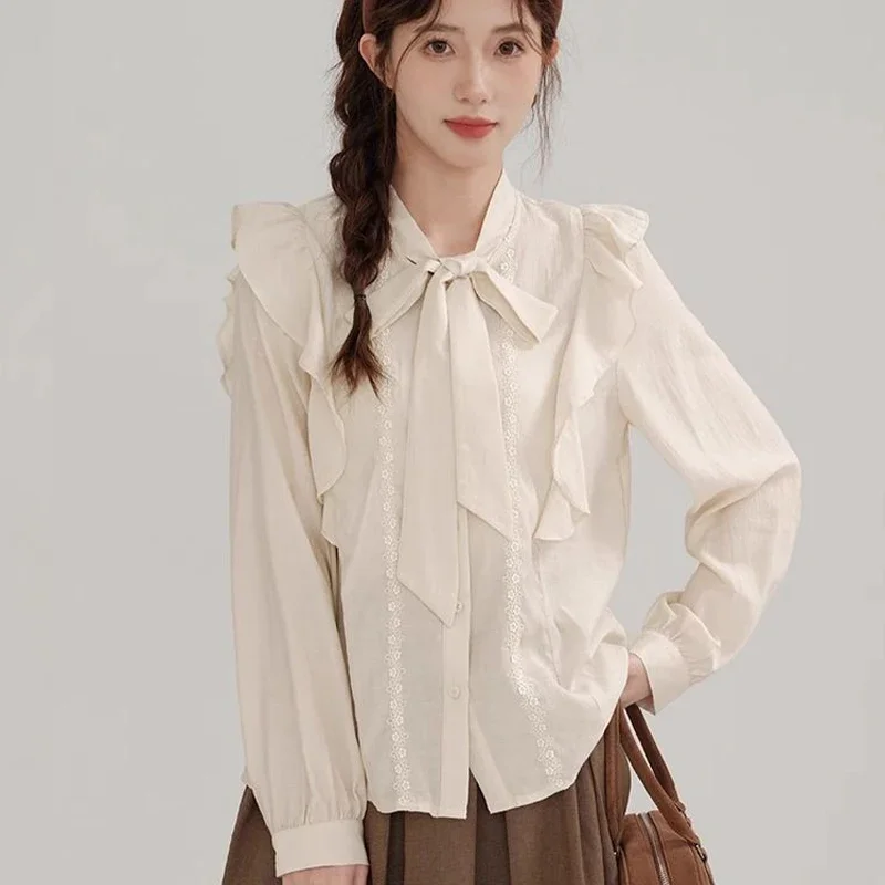 ruffle edge Long sleeves lace up shirt for women\'s spring autumn new French style gentle temperament elegant bow chic top