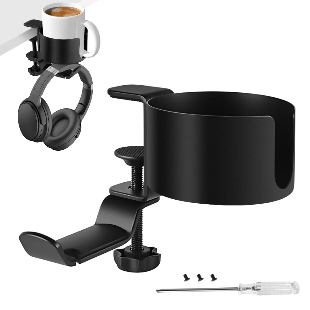 Desk Cup Holder 2 in 1 Adjustable Metal Desktop Cup Gaming Headphone Holder Desktop 360° Rotatable Stand for Gaming Room