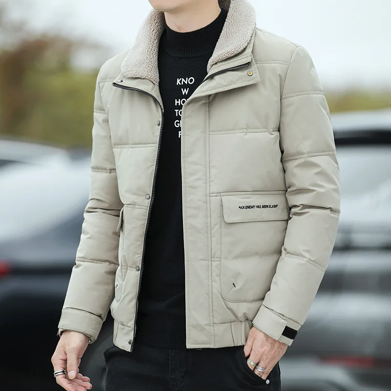 

Winter Man Cotton Jacket Patchwork Turn Down Collar Male Outerwear Thicken Fleece Long Sleeve Pocket Business Casual Men Coat