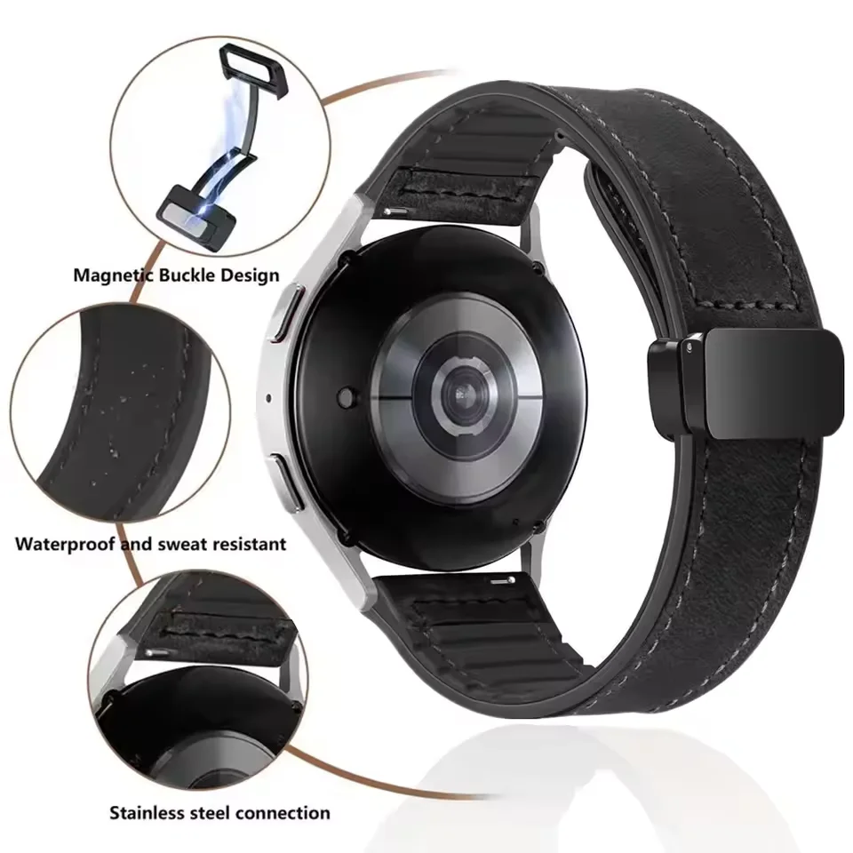 22/20mm Leather+Silicone Strap for Samsung Galaxy Watch 7 6 5 4 Amazfit GTR Magnetic Comfortable Band for Huawei Watch GT5 46mm image 5