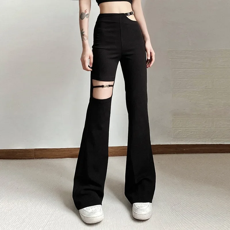 Le donne Cool e piccanti ragazze pantalone Design unico scava fuori Casual stile Punk nuova moda a vita alta tinta unita Sexy stile elegante