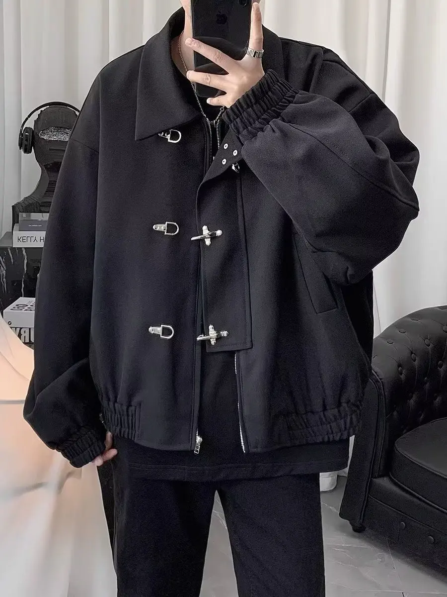 

American Retro Men's Jaet Stand Collar Loose Fit Metal Bule Spring Autumn Trendy Brand Cleanfit Couple Outerwear