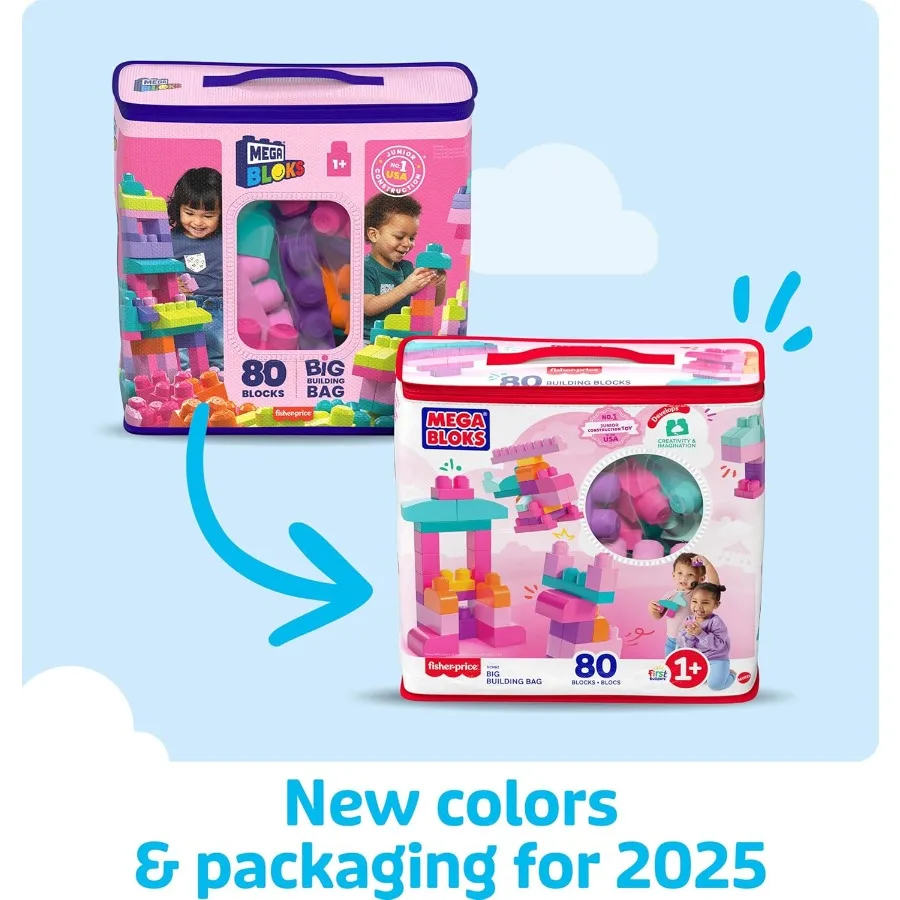 ชุดของเล่นบล็อกสำหรับเด็กเล็ก First Builders ประกอบด้วย 80 ชิ้นในกระเป๋าใส่ของเล่นขนาดใหญ่ เหมาะสำหรับเด็กอายุ 1 ปีขึ้นไป