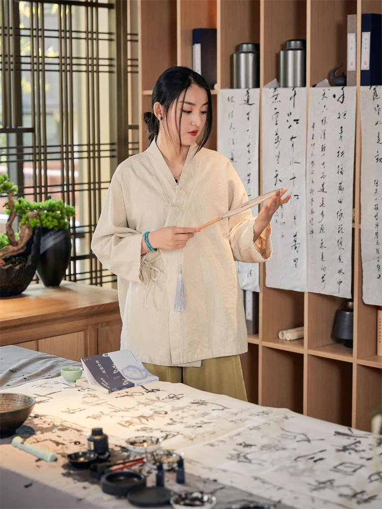 

Spring Summer Cotton Linen Hanfu Women's V-neck Belted Top Artistic Oblique Flap Button Retro Zen Tea Shirt Loose Fit Long Sl...