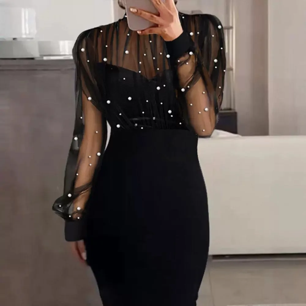 Sheer Mesh Patch Beaded Bodycon Dress Long Sleeve High Waist Women Dress