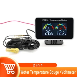 2 in 1 Water Temperature Gauge +Voltmete with Temperature Sensor 10mm LCD Car Digital Gauge Waterproof for 12V 24V Car Truck