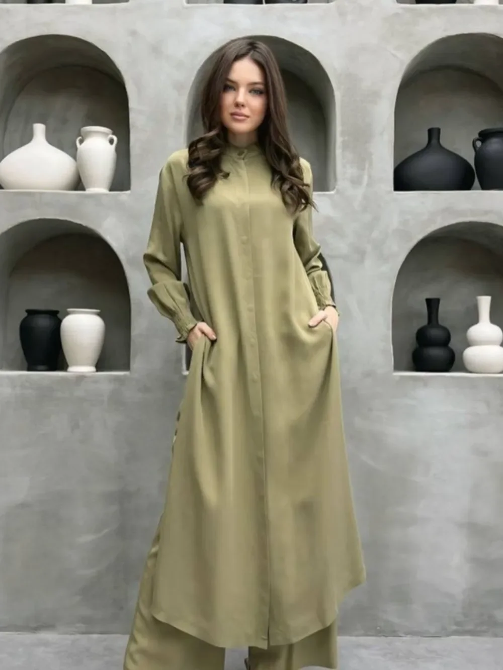 

Eid Muslim Sets Women Single Breasted Long Blouses Wide Leg Pants Set Two Piece Musulman Ensemble Dubai Arabic Casual Ramadan