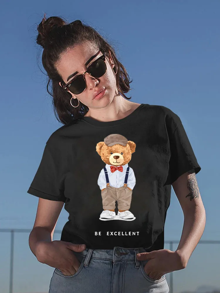 

YRYT New Summer Round Neck Women's Top Bear Short Sleeve T-shirt Cotton Women's White Large Size Casual Couple Short Sleeve