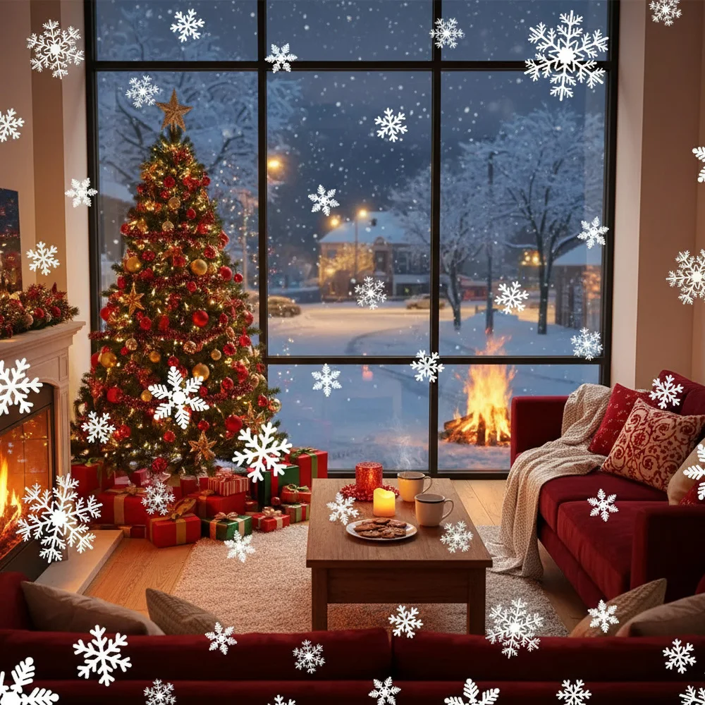 Christmas Snowflake Window Clings, Glitter Effect Electrostatic Wall Stickers for Glass, Glueless Home Decor for New Year Party