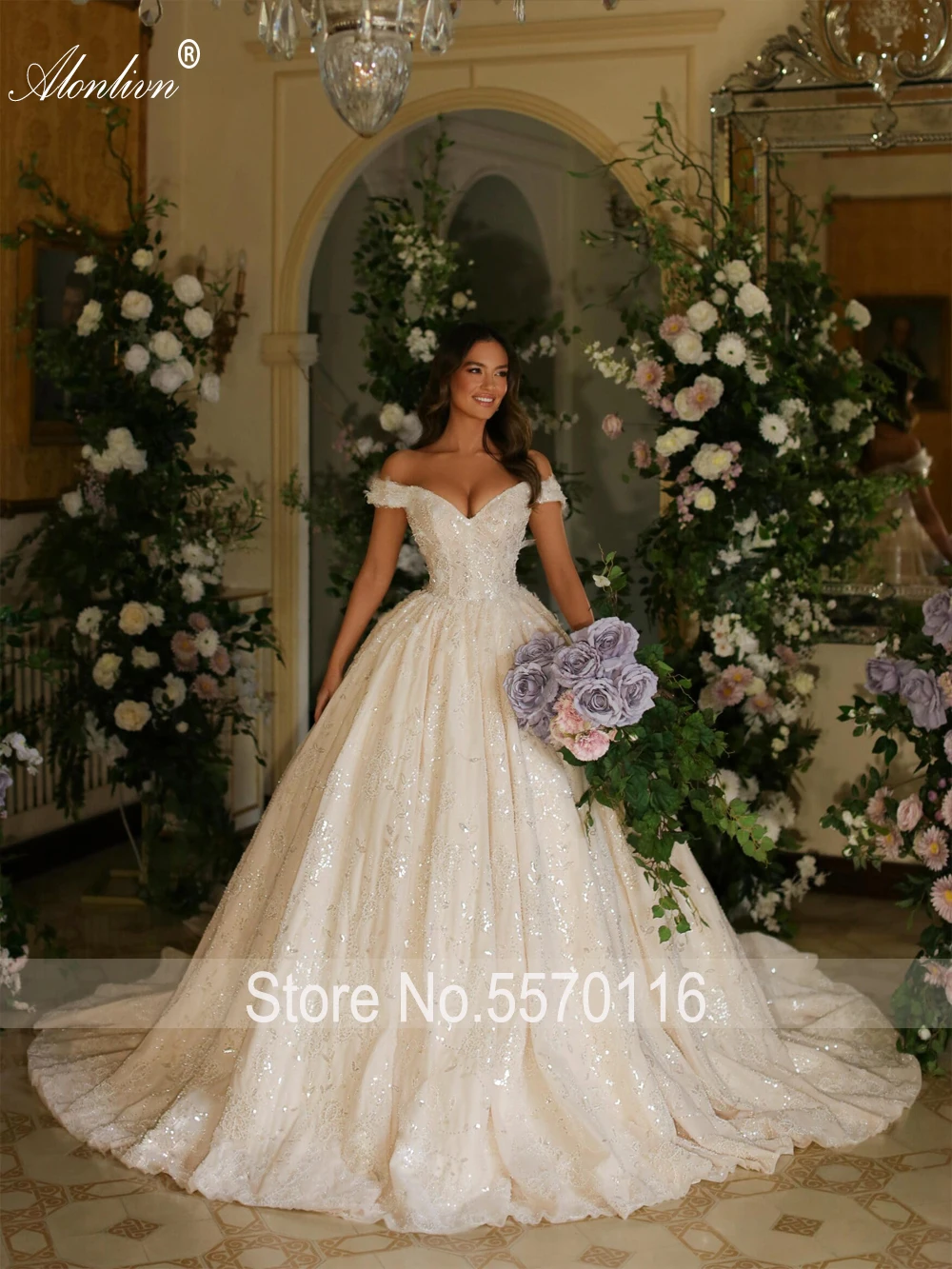 Alonlivn Shiny Lace Off Shoulder Sleeves A-Line Bridal Dresses Beading Sequined Lace Elegance Princess Wedding Dresses