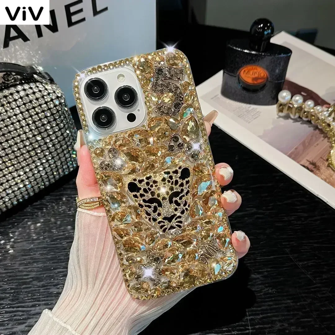 Luxury Glitter Diamond Leopard Head Rhinestone Phone Case for Huawei P50 P60 Pro Mate 50 60 For Honor 80 90 100 Pro viv