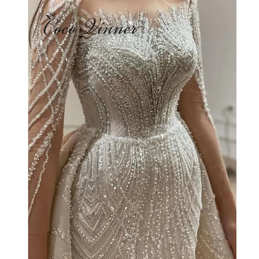 

Customized Heavy Beaded Embroidery Luxury Arab Wedding Dress 2026 Long Sleeves 2 IN 1 Wedding Dresses With Removable Skirt W1497