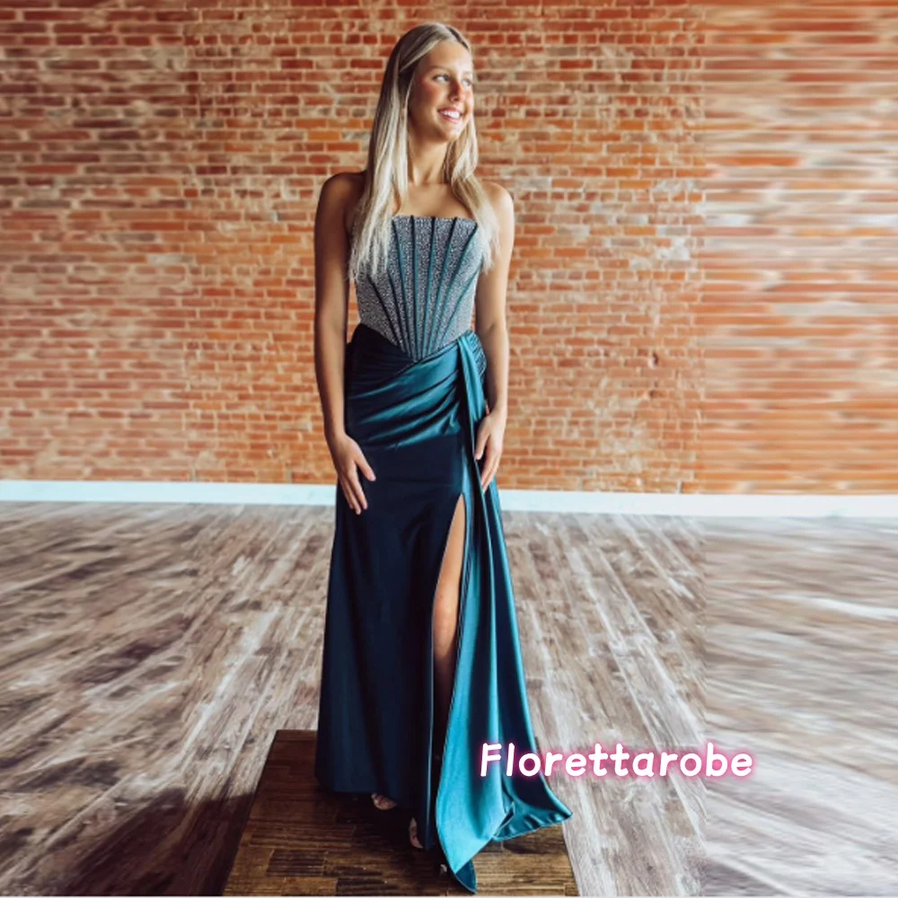 

Customized Dubai Luxury Crystals Strapless Mermaid Prom Gown High Slit Floor Length Evening Gown Satin Formal Party Dress