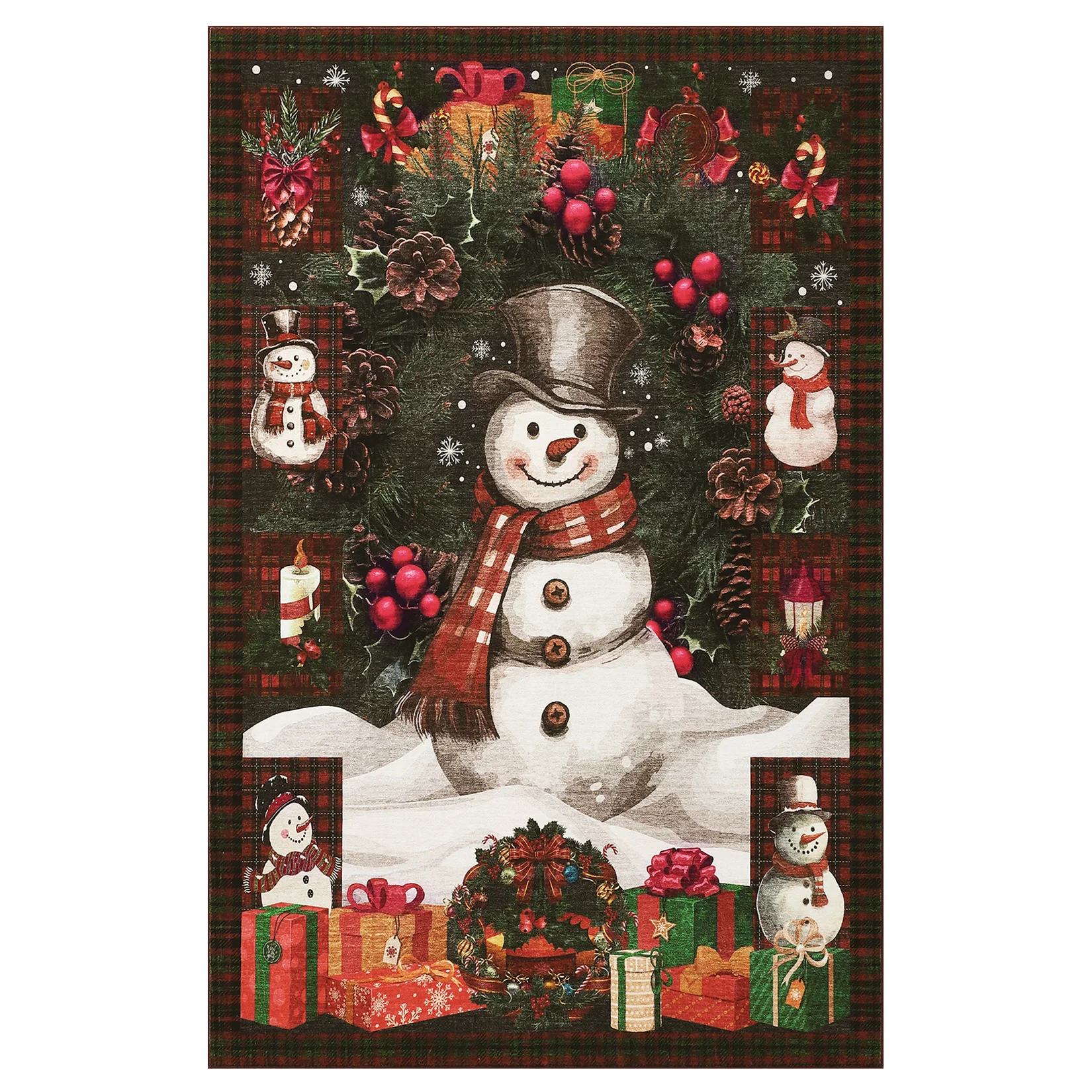 Christmas Snowman Area Rug - Non-Slip Low Pile Thin Accent Carpet Mat for Holiday Home Decor - Red & Green - 5x7FT