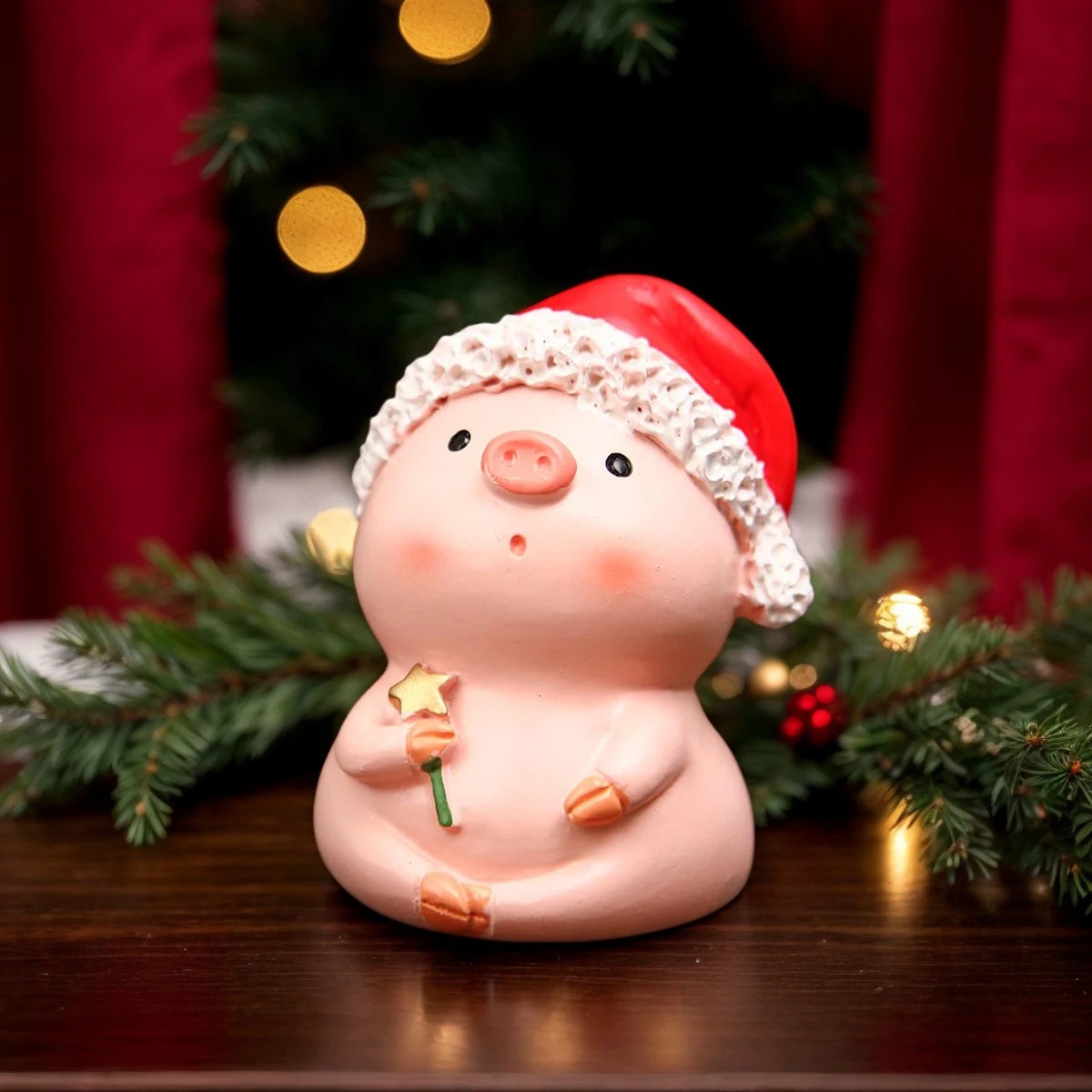 قطعة واحدة، عصا سحرية وردية لزينة عيد الميلاد على شكل خنزير صغير مع قبعة سانتا الحبيبة #4