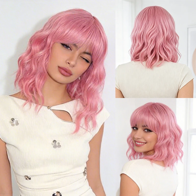 Rosa kurze synthetische Perücke mit Wasserwellen, flauschige lockige Bob-Perücke für Damen mit Pony, hitzebeständige Faser-Cosplay-Party-Perücke
