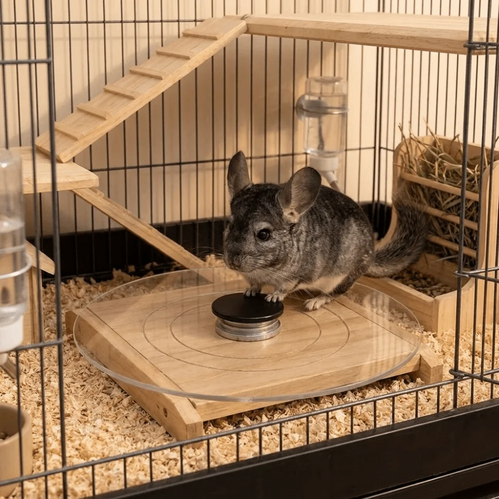 Glass Hamster Running Wheel Silent Stable Hamster Exercise Wheel with Wood Base Long-Lasting Chinchilla Running Plate