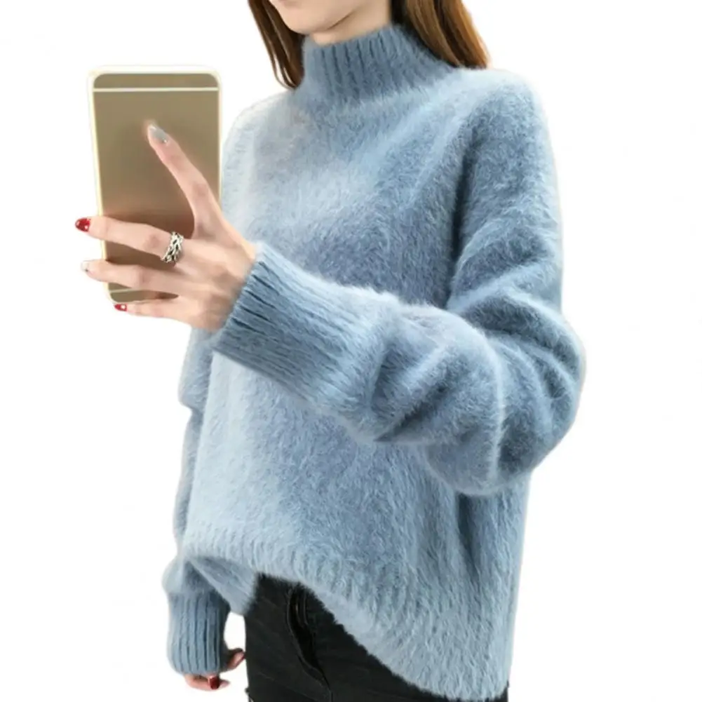 

Solid Color Knitting Tops Cozy Women's Knitwear Collection Half High Collar Sweater Ribbed Trim Knit Top Elastic Long-sleeve