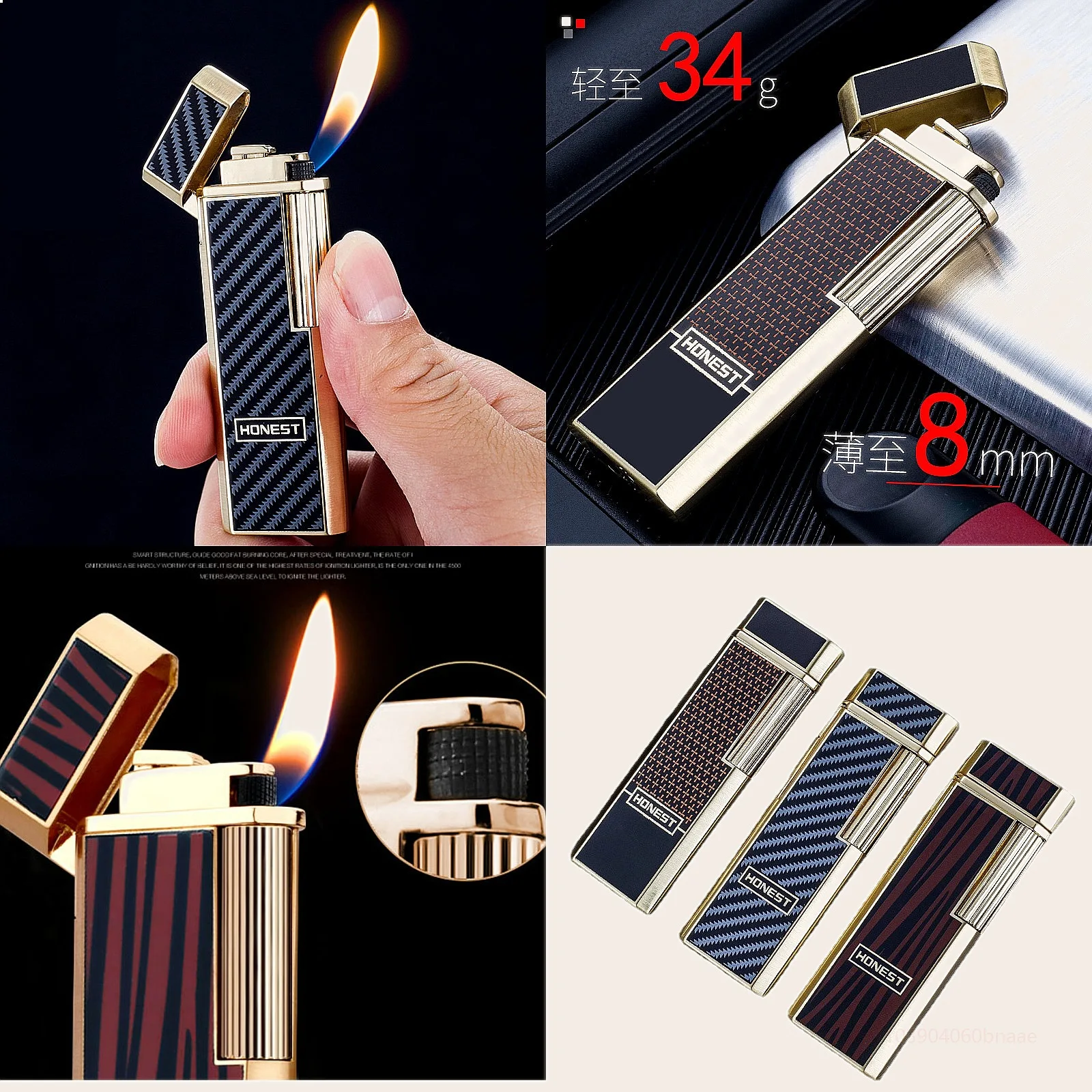 Nouveau briquet à gaz butane Honest coupe-vent portable avec allumage coulissant et meule métallique