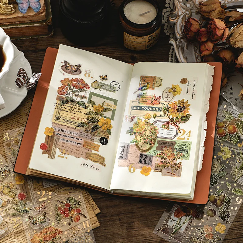 3 PCS/Pack Gentle Night Series PET Stickers, Vintage Gold Foil Stamping Plant Themed Stickers for Journal DIY Collage Decoration