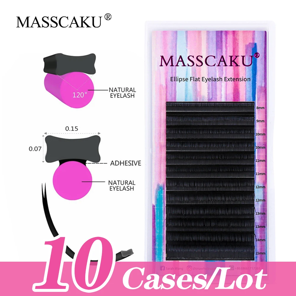 

MASSCAKU 10cases/lot High Quality Individual Mink Softer Ellipse Flat False Eyelashes Light and Flexible Silk Eyelash Extension