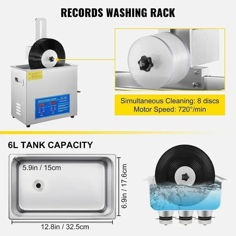 QWHappybuy 6L Ultrasonic Vinyl Cleaner 7-12 Inch 8 Records Ultrasonics Vinyls Cleaning Machine 180W Ultrasonic Records Cleaners