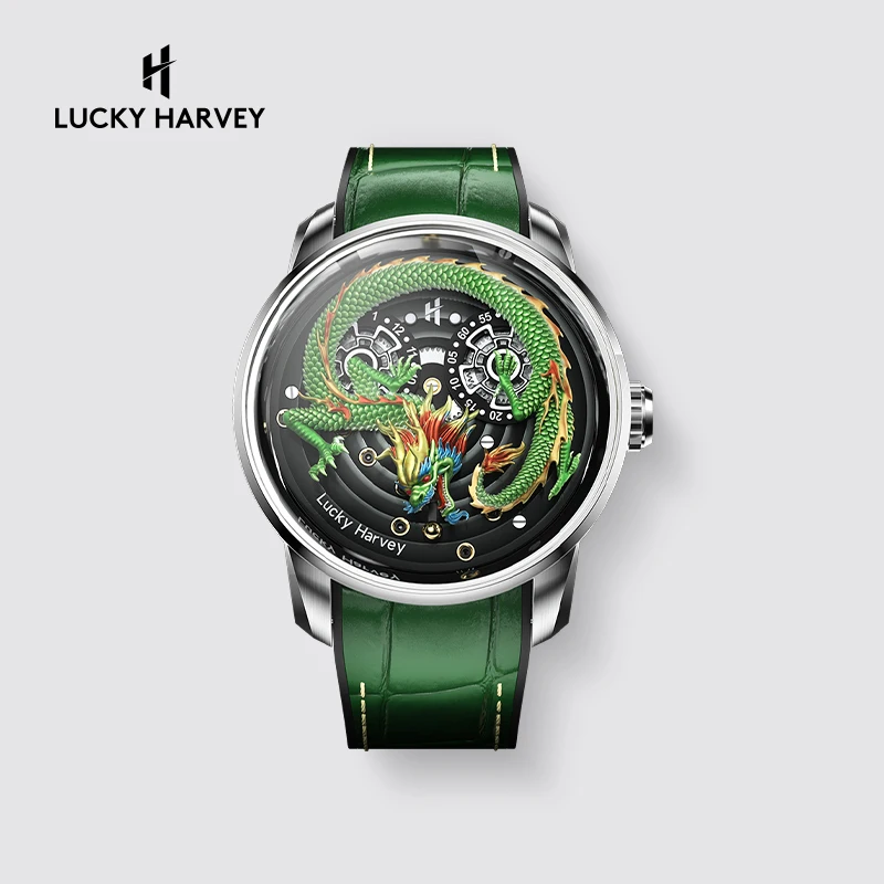 Lucky Harvey 3D Engraving Chinese Dragon Mechanical Watches Mens Automatic Movement Movement Sapphire Waterproof Watches for Men