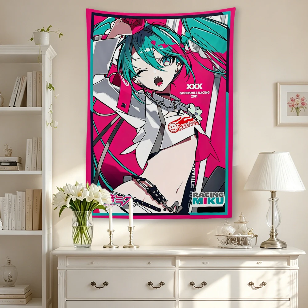 Hatsune Miku Racing Miku  Wall Tapestry Vocaloid Anime Twin Tail Girl Polyester Wall Hanging Backdrop For Otaku Kawaii