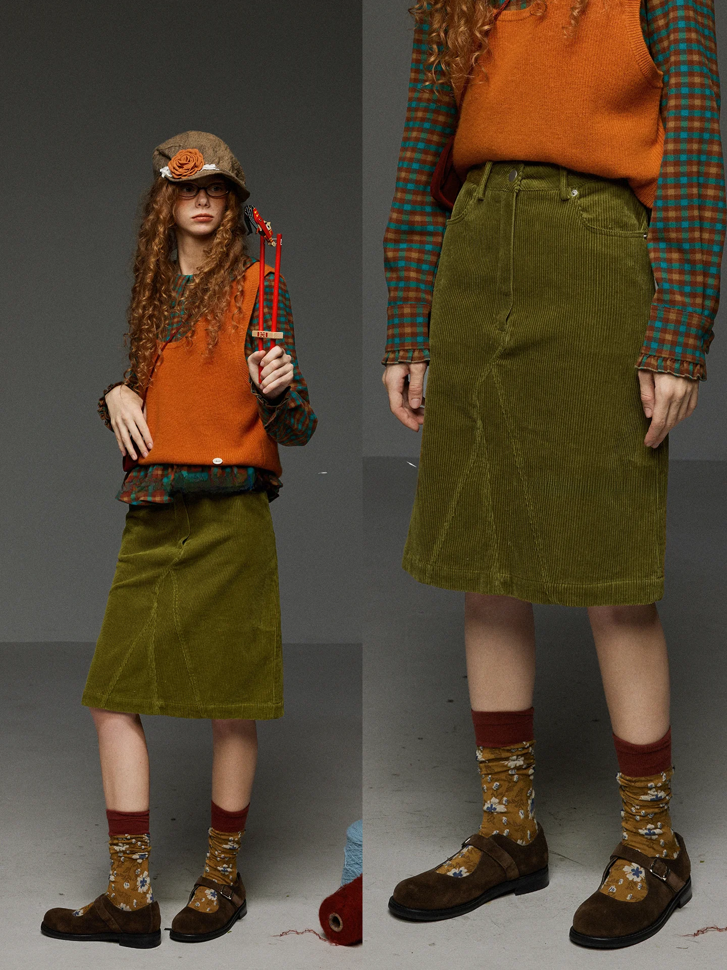 

Retro Green Corduroy High Waist Women's Skirt Slimming Bodycon Design A-Line Skirt Spring Fashion Ladies' Premium