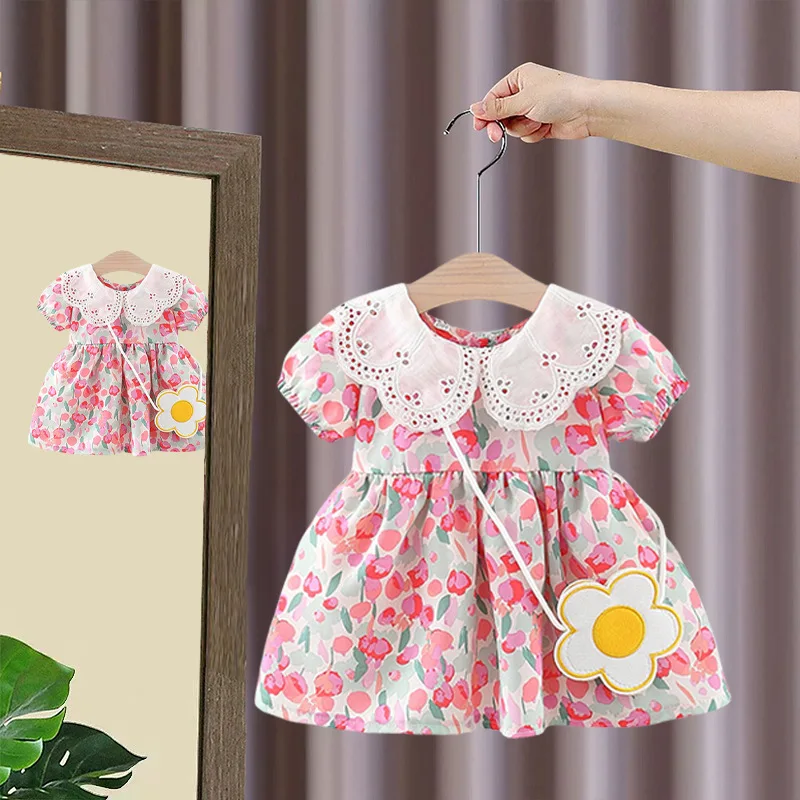 Baby Children\'s Summer New Doll Neck Lace Panel Printed Dress Children\'s Short Sleeve Full Print Princess Dress and Bag