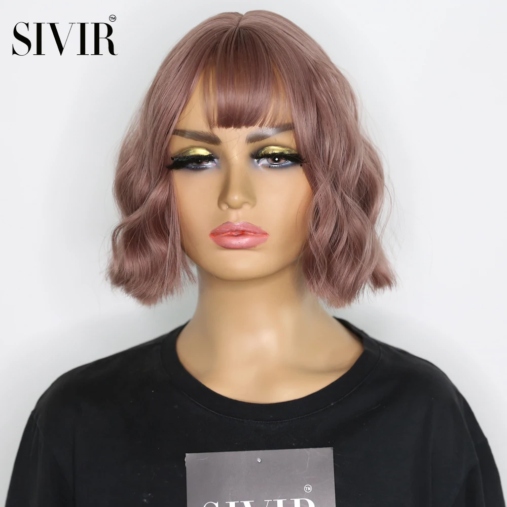 

Sivir Synthetic Wigs for Women 8inches short Wave Wig With Bangs Heat Resistant Fiber Hair Pink/Haze blue/Honey 3 color