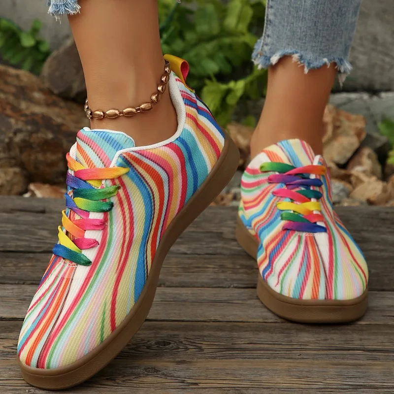 

Women's Casual Sneakers Spring/Autumn Lace-up Colorful Striped Vulcanized Shoes Breathable Comfortable and Light Walking Shoes